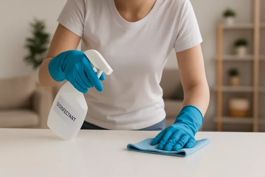 “Person städar hem med skyddshandskar och desinfektionsmedel – noggrann rengöring och desinfektion i bostad där någon varit sjuk för att skapa en hygienisk och trygg miljö”